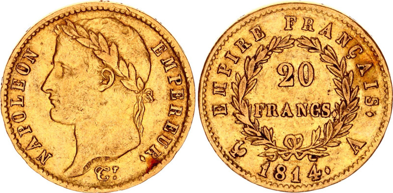 France 20 Francs 1814 A
KM# 695.1, F# 516, N# 8249; Gold (.900) 6.45 g.; Napole...