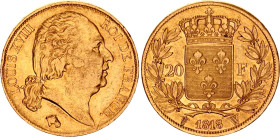 France 20 Francs 1818 W
KM# 712.9, F# 519, N# 7366; Gold (.900) 6.45 g.; Louis XVIII; Lille Mint; XF