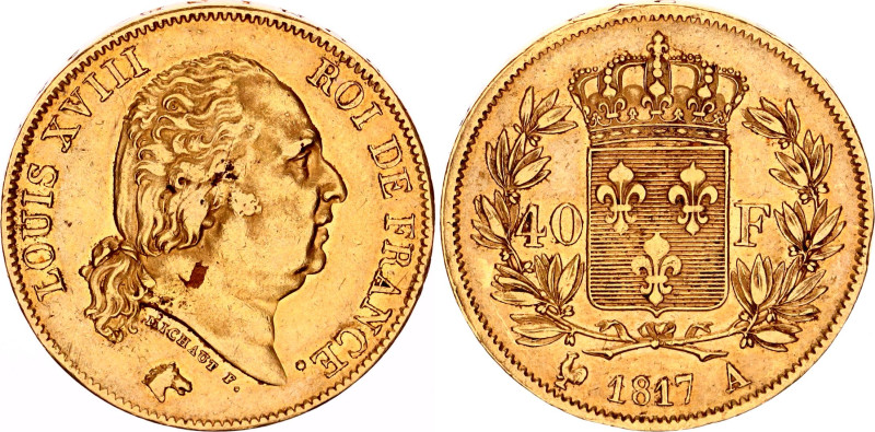 France 40 Francs 1817 A
KM# 713.1, F# 542, N# 18610; Gold (.900) 12.90 g.; Loui...