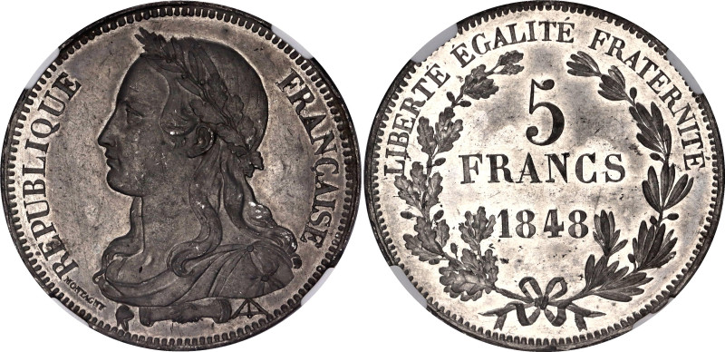 France 5 Francs 1848 ESSAI NGC MS 61
Maz. 1290A; White metal; Republic; UNC, Pr...