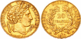 France 20 Francs 1850 A
KM# 762, N# 8003; Gold 6.39 g.; XF
