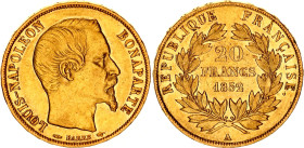France 20 Francs 1852 A
KM# 774, N# 11336; Gold (.900) 6.43 g., 21 mm.; Louis-Napoleon Bonaparte; XF