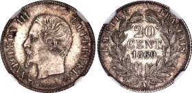 France 20 Centimes 1860 A NGC MS 64
KM# 778, N# 1146; Silver; Napoleon III