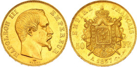 France 50 Francs 1857 A
KM# 785.1, F# 547, N# 10256; Gold (.900) 16.13 g.; Napoleon III; Paris Mint; AUNC