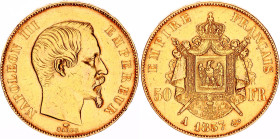 France 50 Francs 1857 A
KM# 785.1, F# 547, N# 10256; Gold (.900) 16.13 g.; Napoleon III; Paris Mint; XF
