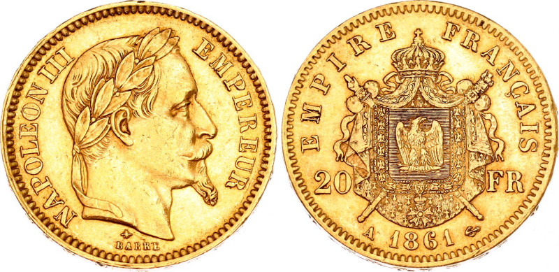 France 20 Francs 1861 A
KM# 801.1, N# 6718; Gold 6.44 g.; Napoleon III; AUNC