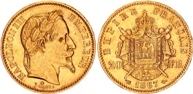 France 20 Francs 1867 BB
KM# 801.2, F# 532, N# 6718; Gold (.900) 6.45 g.; Napoleon III; Strasbourg Mint; XF+