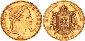 France 50 Francs 1862 A
KM# 804.1, F# 548, N# 11338; Gold (.900) 16.13 g.; Napoleon III; Paris Mint; XF