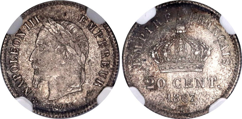 France 20 Centimes 1867 BB NGC MS 65
KM# 808, N# 1145; Silver; Napoleon III