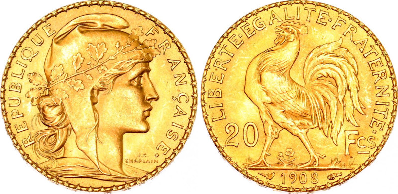 France 20 Francs 1908
KM# 857, N# 2230; Gold 6.45 g.; AUNC