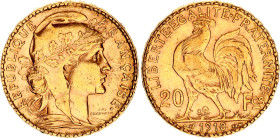 France 20 Francs 1910
KM# 857, N# 2230; Gold (.900) 6.45 g., 21 mm.; Marianne; XF+