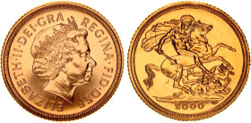 Great Britain 1/2 Sovereign 2000
KM# 1001, Sp# SB4, N# 14324; Gold (.917) 4.00 g.; Elizabeth II; Llantrisant Mint; UNC
