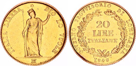 Italian States Lombardy-Venetia 20 Lire 1848 M
C# 23, Fr# 475, N# 38413; Gold (.900) 6.45 g.; Provisional Government; Milan Mint; XF