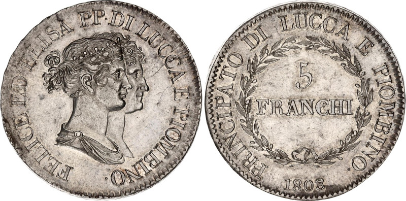 Italian States Lucca 5 Franchi 1808 / 7
KM# 24.3, Dav. 203, N# 17810; Silver; F...