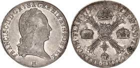 Italian States Milan 1 Kronenthaler / Crocione 1796 M
KM# 239, Dav. 1390, N# 23333; Silver 29.32 g.; Franz II; Milan Mint; XF