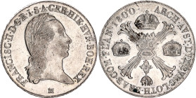 Italian States Milan 1 Kronenthaler / Crocione 1800 M
MIR 476/1, Crippa 3/A (R2), CNI 21, Pagani 4, Davenport 1390; Silver; Francesco II d'Asburgo Lo...