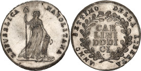 Italian States Naples 12 Carlini 1799 An 7
KM# 232, Dav. 1410, MIR# 413, C# 84.2, N# 87004; Silver; Parthenopean Republic; XF