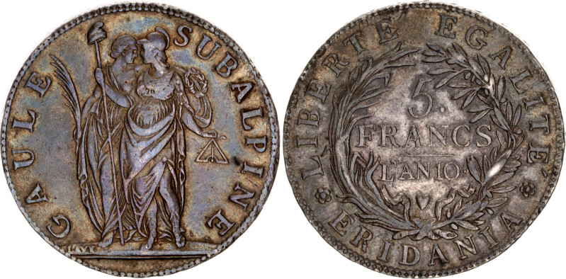 Italian States Republic of Piedmont 5 Francs 1801 L'an 10
C# 4; N# 18075; Silve...