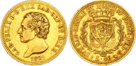 Italian States Sardinia 40 Lire 1825 L
KM# 120.1, Fr# 1134, C# 107.1, N# 16496; Gold (.900) 12.90 g.; Carlo Felice; Torino Mint; Mintage 13'728; in O...