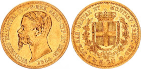 Italian States Sardinia 20 Lire 1854 P
KM# 146.2, Fr# 1147, C# 126.1, N# 3660; Gold (.900) 6.45 g.; Vittorio Emmanuele II; Genoa Mint; XF