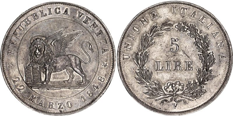 Italian States Venice 5 Lire 1848 V
KM# 804; N# 39102; Silver; Mint: Venice; Mi...