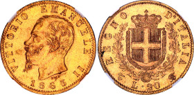 Italy 20 Lire 1863 T BN NGC MS 62
KM# 10, N# 17714; Gold (.900) 6.45 g., 21 mm.; Vittorio Emanuele II