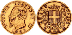Italy 20 Lire 1863 T BN
KM# 10.1, N# 17714; Gold (.900) 6.45 g.; Vittorio Emmanuele II; Torino Mint; XF