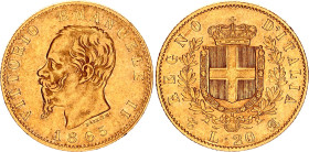 Italy 20 Lire 1865 T BN
KM# 10.1, N# 17714; Gold (.900) 6.45 g.; Vittorio Emmanuele II; Torino Mint; XF