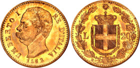 Italy 20 Lire 1882 R NGC MS 65
KM# 21, N# 19764; Gold (.900) 6.45 g., 21.5 mm.; Umberto I; With full mint luster
