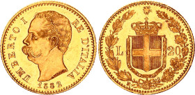 Italy 20 Lire 1882 R
KM# 21, N# 19764; Gold (.900) 6.45 g.; Umberto I; Rome Mint; UNC Prooflike with hairlines
