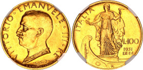 Italy 100 Lire 1931 R IX NGC MS 63
KM# 72, N# 21256; Gold (.900) 8.8 g., 23.5 mm.; Vittorio Emanuele III; With full mint luster