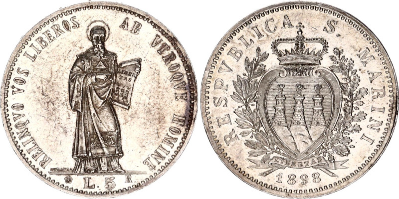 San Marino 5 Lire 1898 R
KM# 6, N# 24561; Silver; Rome Mint; Mintage 18'000; UN...