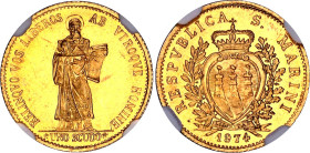San Marino 1 Scudo 1974 NGC MS 66
KM# 38, N# 55809; Gold (.917) 3.00 g.; Resumption of Coinage; Mintage 84'509; UNC