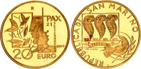 San Marino 20 Euro 2005 R
KM# 470, N# 16371; Gold (.900) 6.45 g.; International Day of Peace; Mintage 5'300; Proof
