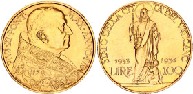 Vatican 100 Lire 1933
KM# 19, N# 30047; Gold (.900) 8.80 g.; Pius XI; Jubilee; Mintage 23'000; UNC