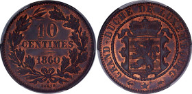 Luxembourg 10 Centimes 1860 A PCGS MS 64 BN Top Pop
KM# 23, N# 3800; Bronze; Willem III; The only coin graded is such a hight condition!; Red mint lu...