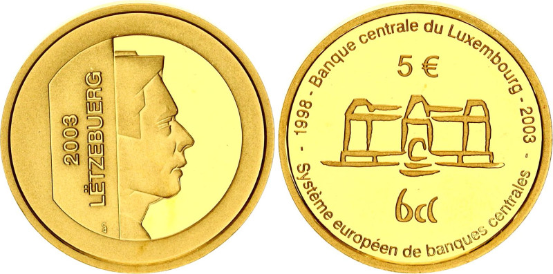 Luxembourg 5 Euro 2003
KM# 84, N# 44707; Gold (.999) 6.22 g.; Henri I; 5th Anni...