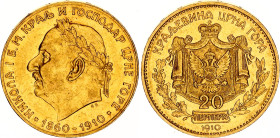Montenegro 20 Perpera 1910 SS
KM# 11, N# 41696; Gold 6.76 g.; Nicholas I; AU-UNC, mint luster, with minor hairlines.