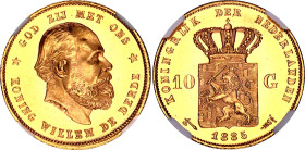 Netherlands 10 Gulden 1885 NGC MS 65
KM# 106, N# 8323; Gold (.900) 6.73 g.; Willem III; UNC