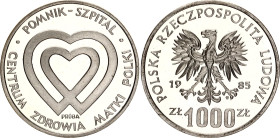 Poland 1000 Zlotych 1985 Proba
KM# Pr522, N# 93051; Silver; Polish Woman's Hospital Center; Mintage 2'500; Proof
