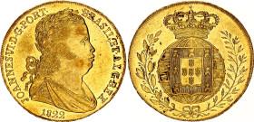 Portugal 4 Escudos / 1 Peca 1822
KM# 364, N# 25678; Gold (.917) 14.34 g.; João VI; AUNC with hairlines & graffiti