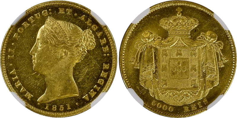 Portugal 5000 Reis 1851 NGC MS 61
KM# 476.2, N# 25708; Gold (.916) 8.96 g., 23....