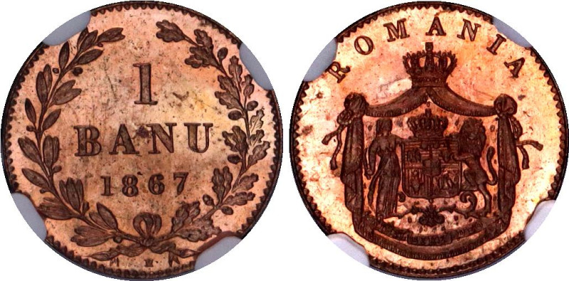 Romania 1 Banu 1867 H NGC MS 65 RD
KM# 1, N# 30261; Copper; Carol I