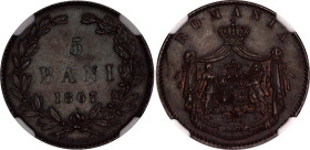 Romania 5 Bani 1867 HEATON NGC MS 61 BN
KM# 3.1, N# 3956; Copper; Carol I; Heaton's Mint, Birmingham; UNC