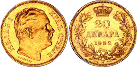Serbia 20 Dinara 1882 V NGC MS 62
KM# 17.1, N# 23613; Type I; Gold (.900) 6.451 g., 21 mm; Milan I
