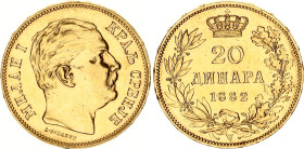 Serbia 20 Dinara 1882 V
KM# 17, N# 23613; Gold (.900) 6.45 g.; Milan I; Vienna Mint; UNC