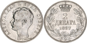 Serbia 2 Dinara 1897
KM# 22, N# 15750; Silver; Aleksandar I; UNC with mint luster