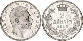 Serbia 2 Dinara 1912
KM# 26.1, N# 6945; Silver., Prooflike; Petar I; UNC with hairlines