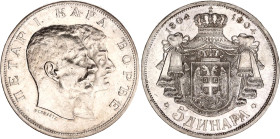 Serbia 5 Dinara 1904
KM# 27, N# 16207; Silver., Proof like; Peter I; 100th Anniversary of the Karađorđević Dynasty; AU-UNC, with mint luster.