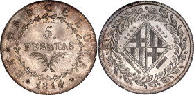 Spain Catalonia 5 Pesetas 1814 (1973) Restrike Specimen PCGS SP64
KM# 69, Cal# 22, N# 17446; Silver; 160th Anniversary Restrike; Barcelona Mint; # 14...